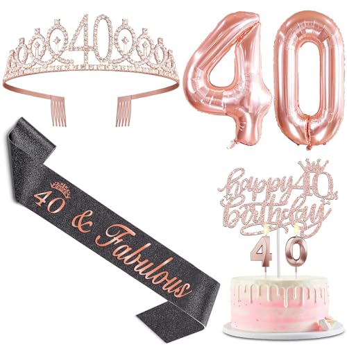 40. Geburtstag Frauen Deko, 40. Geburtstag Krone und Schwarz Schärpe, Happy Birthday Tortendeko Kerzen, Luftballons Rosegold, Geschenke für Frauen 40 Jahre 40. Geburtstag Frauen Deko, 40. Geburtstag Krone und Schwarz Schärpe, Happy Birthday Tortendeko Kerzen, Luftballons Rosegold, Geschenke für Frauen 40 Jahre von Amosking