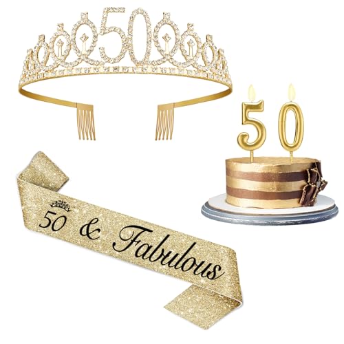 50 Geburtstag Dekorationen für Frauen mit Schärpe zum 50. Geburtstag und Krone, Gold Zahl 50 Kerzen, 50 Jahre alte Geschenke für Frauen von Amosking