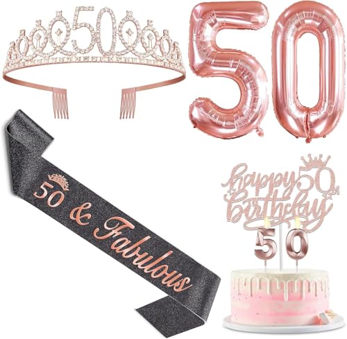 50. Geburtstag Dekorationen für sie mit schwarzen 50. Geburtstag Schärpe und Krone, Kuchen Topper und Kerzen, Zahl Ballons Roségoldener, 50 Jahre alt Geschenke für Frauen 50. Geburtstag Dekorationen für sie mit schwarzen 50. Geburtstag Schärpe und Krone, Kuchen Topper und Kerzen, Zahl Ballons Roségoldener, 50 Jahre alt Geschenke für Frauen von Amosking