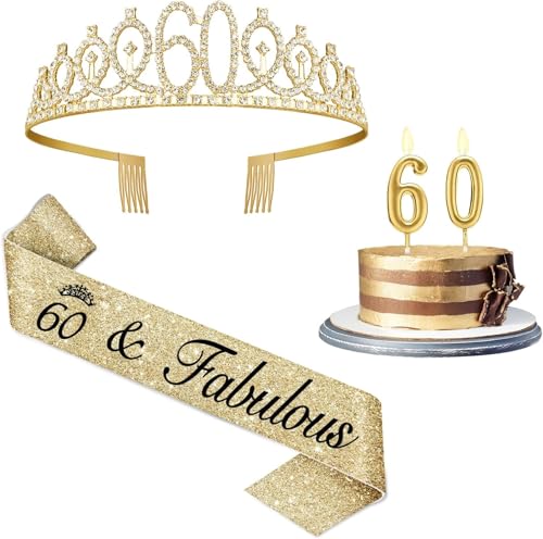 60 Geburtstag Dekorationen für Frauen mit Schärpe zum 60. Geburtstag und Krone, Gold Nummer 60 Kerzen, 60 Jahre alte Geschenke für Frauen 60 Geburtstag Dekorationen für Frauen mit Schärpe zum 60. Geburtstag und Krone, Gold Nummer 60 Kerzen, 60 Jahre alte Geschenke für Frauen von Amosking
