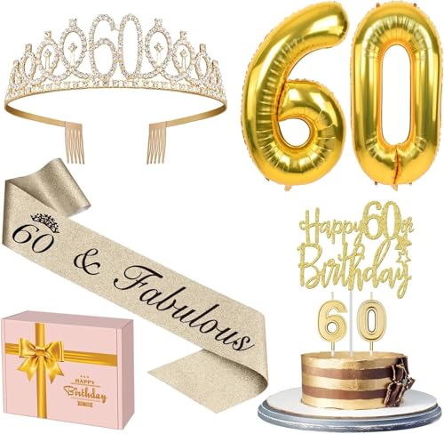 60. Geburtstag Dekorationen für Frauen Gold mit 60. Schärpe und Tiara, Kuchen Topper und Zahl 60 Kerzen, 60 Luftballons Gold, Geburtstag Geschenke für Frauen 60 Jahre von Amosking