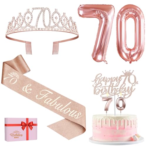 70. Geburtstag Frau Deko, 70. Geburtstag Krone und Schärpe, Happy Birthday Tortendeko Kerzen, Luftballons Rosegold, Geschenke für Frauen 70 Jahre 70. Geburtstag Frau Deko, 70. Geburtstag Krone und Schärpe, Happy Birthday Tortendeko Kerzen, Luftballons Rosegold, Geschenke für Frauen 70 Jahre von Amosking