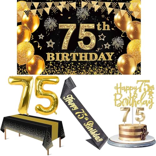 75 Geburtstag Dekorationen Männer Frauen mit 75 Geburtstag Banner, Schwarz und Gold Tischdecke, Zahlenballons, Schwarz Glitzer Schärpe, Cake Topper und Kerzen 75 Geburtstag Dekorationen Männer Frauen mit 75 Geburtstag Banner, Schwarz und Gold Tischdecke, Zahlenballons, Schwarz Glitzer Schärpe, Cake Topper und Kerzen von Amosking