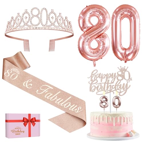80. Geburtstag Frau Deko, 80. Geburtstag Krone und Schärpe, Happy Birthday Tortendeko Kerzen, Luftballons Rosegold, Geschenke für Frauen 80 Jahre 80. Geburtstag Frau Deko, 80. Geburtstag Krone und Schärpe, Happy Birthday Tortendeko Kerzen, Luftballons Rosegold, Geschenke für Frauen 80 Jahre von Amosking