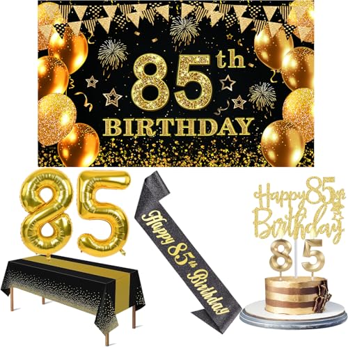 85 Geburtstag Dekorationen Männer Frauen mit 85 Geburtstag Banner, Schwarz und Gold Tischdecke, Zahlenballons, Schwarz Glitzer Schärpe, Cake Topper und Kerzen 85 Geburtstag Dekorationen Männer Frauen mit 85 Geburtstag Banner, Schwarz und Gold Tischdecke, Zahlenballons, Schwarz Glitzer Schärpe, Cake Topper und Kerzen von Amosking