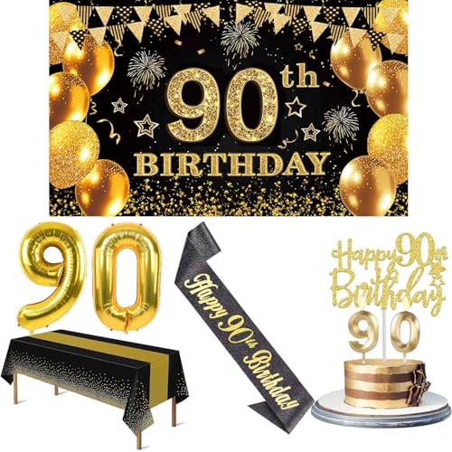 90 Geburtstag Dekorationen Männer Frauen mit 90 Geburtstag Banner, Schwarz und Gold Tischdecke, Zahlenballons, Schwarz Glitzer Schärpe, Kuchen Topper und Kerzen 90 Geburtstag Dekorationen Männer Frauen mit 90 Geburtstag Banner, Schwarz und Gold Tischdecke, Zahlenballons, Schwarz Glitzer Schärpe, Kuchen Topper und Kerzen von Amosking