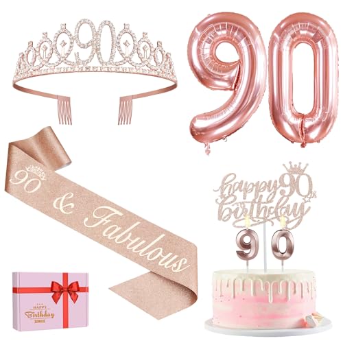Amosking 90 Geburtstag Dekorationen für Frauen, einschließlich 90 Geburtstag Schärpe und Krone, Tortenaufsatz und Kerzen, Roségold Zahlenballons, 90 Jahre alte Geschenke für Frauen Amosking 90 Geburtstag Dekorationen für Frauen, einschließlich 90 Geburtstag Schärpe und Krone, Tortenaufsatz und Kerzen, Roségold Zahlenballons, 90 Jahre alte Geschenke für Frauen von Amosking