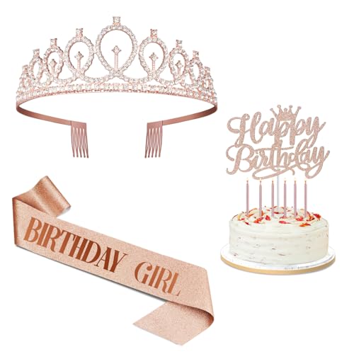 Amosking Geburtstag Dekorationen für Mädchen, einschließlich Geburtstag Mädchen Sash und Krone, Kuchen Topper, Kerzen. Roségold Geburtstagsfeier Dekorationen Amosking Geburtstag Dekorationen für Mädchen, einschließlich Geburtstag Mädchen Sash und Krone, Kuchen Topper, Kerzen. Roségold Geburtstagsfeier Dekorationen von Amosking