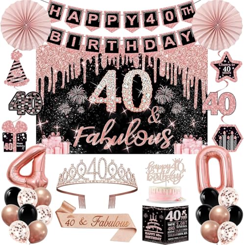 Dekorationen zum 40. Geburtstag für Frauen, 32 Stück Party-Dekorationen zum 40. Geburtstag, einschließlich Hintergrund, Schärpe, Krone, Banner, hängender Wirbel, Kuchendekoration, Luftballons Dekorationen zum 40. Geburtstag für Frauen, 32 Stück Party-Dekorationen zum 40. Geburtstag, einschließlich Hintergrund, Schärpe, Krone, Banner, hängender Wirbel, Kuchendekoration, Luftballons von Amosking