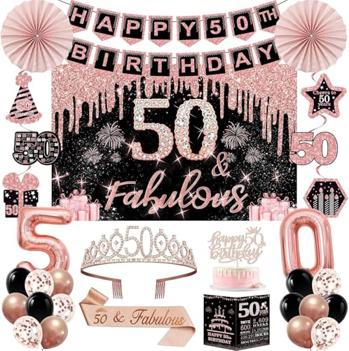 Dekorationen zum 50. Geburtstag für Frauen, 32 Stück Party-Dekorationen zum 50. Geburtstag, einschließlich Hintergrund, Krone, Schärpe, Banner, hängender Wirbel, Kuchendekoration, Luftballons Dekorationen zum 50. Geburtstag für Frauen, 32 Stück Party-Dekorationen zum 50. Geburtstag, einschließlich Hintergrund, Krone, Schärpe, Banner, hängender Wirbel, Kuchendekoration, Luftballons von Amosking