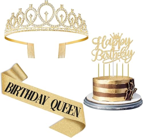Geburtstagsdekorationen für Frauen, einschließlich Königin Schärpe und Krone, Kuchen Topper, Kerzen, goldene Party Deko für Mädchen von Amosking