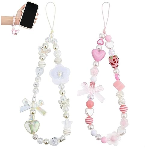 AMOYER 2 Stück Handy-Anhänger mit Handgelenkschlaufe, niedliche Erdbeere/Blume, Perlen-Handykette, Handy-Lanyard, Tasche, Rucksack, hängender Anhänger AMOYER 2 Stück Handy-Anhänger mit Handgelenkschlaufe, niedliche Erdbeere/Blume, Perlen-Handykette, Handy-Lanyard, Tasche, Rucksack, hängender Anhänger von AMOYER