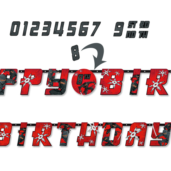 Ninja Buchstabenkette, 320 × 25cm, Happy Birthday mit Zahlen-Stickern von Amscan Europe GmbH