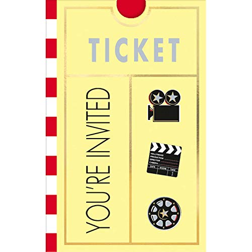 Amscan 499122 - Einladungskarten Hollywood mit Umschlägen, 8 Stück, Größe 14,4 x 18,7 cm, Ticket, You´re invited, Party, Geburtstag, Kindergeburtstag, Mottoparty von amscan