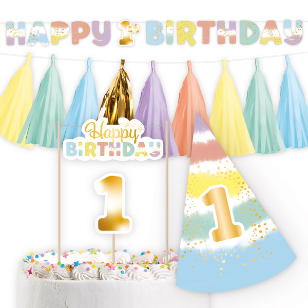 Deko-Set zum 1. Geburtstag mit Buchstabenkette, Girlande, Partyhut und Cake Topper von Amscan