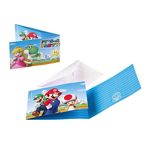 Amscan 9901543 - Einladungskarten Super Mario mit Umschlägen, 8 Stück, Größe 7,9 x 14,1 cm, Kindergeburtstag, Mottoparty von amscan