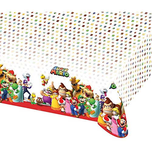 Amscan 9901539 - Tischdecke Super Mario, Größe 120 x 180 cm, Kunststoff, wasserabweisend, Luigi, Prinzessin, Super Mario World, Geburtstag, Mottoparty von amscan