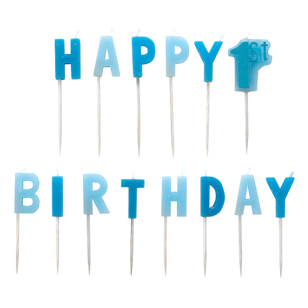 Picker-Kerzen "Happy 1st Birthday" in blau, 14-teilig, 2,5cm hoch von Amscan