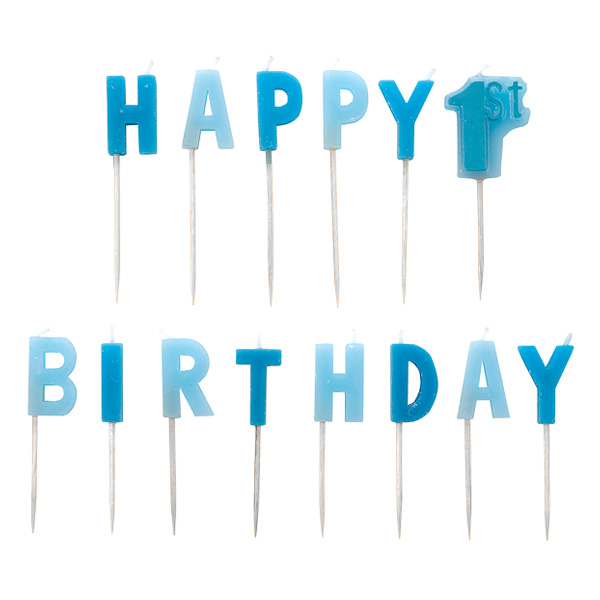 Picker-Kerzen "Happy 1st Birthday" in blau, 14-teilig, 2,5cm hoch Picker-Kerzen "Happy 1st Birthday" in blau, 14-teilig, 2,5cm hoch von Amscan