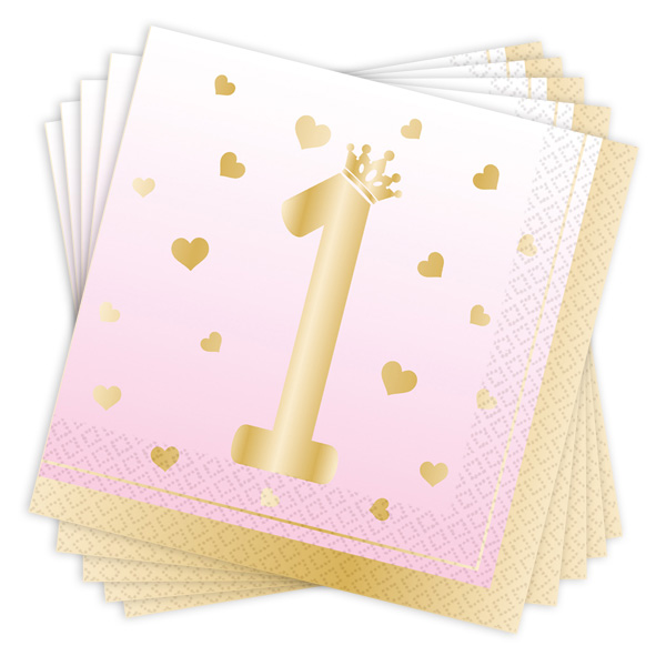 Servietten zum 1. Geburtstag in rosa und gold, 33cm x 33cm Servietten zum 1. Geburtstag in rosa und gold, 33cm x 33cm