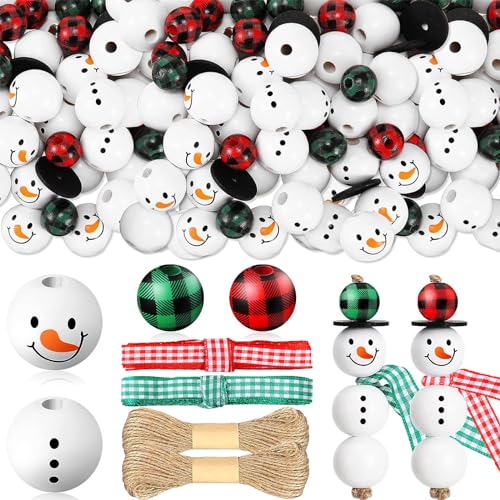 180 Stück Weihnachts Schneemann Holzperlen, Holzperlen Weihnachten, Holzperlen mit Gesicht Schneemann, Geeignet für Weihnachts, DIY, Party Dekor von Amsixnt