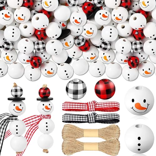 180 Stück Weihnachts Schneemann Holzperlen, Holzperlen Weihnachten, Holzperlen mit Gesicht Schneemann, Geeignet für Weihnachts, DIY, Party Dekor von Amsixnt