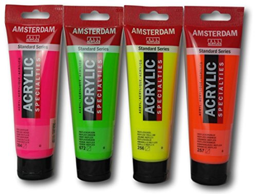 Amsterdam Reflex fluoreszierende Acrylfarben, Grün, Gelb, Rose und Orange, 4 Stück von Amsterdam