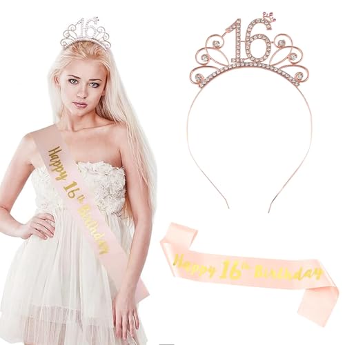 Amusingtao 16. Geburtstag Mädchen Party Deko: Sweet 16 Krone Schärpe & Strass Tiara Kit in Rosa von Amusingtao