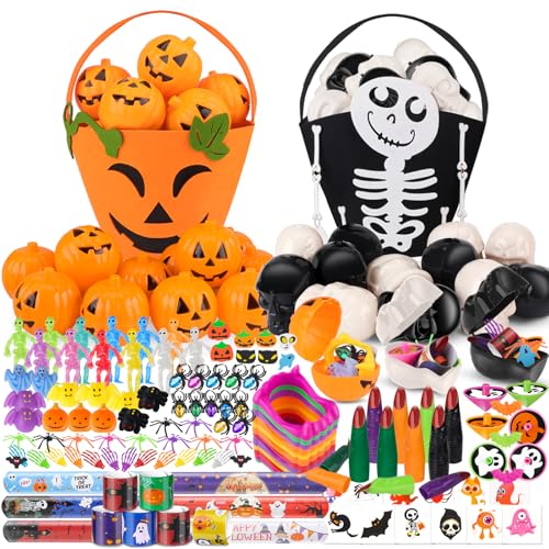 AmyBenton Halloween Party Mitgebsel Kinder, 170 Stück Halloween Geschenke Pinata Füllung mit 24 Stück Ausstopfbare Kürbisse und Totenkopf Box mit Spinne Fingerlinge Tattoo für Kinder von Amy & Benton