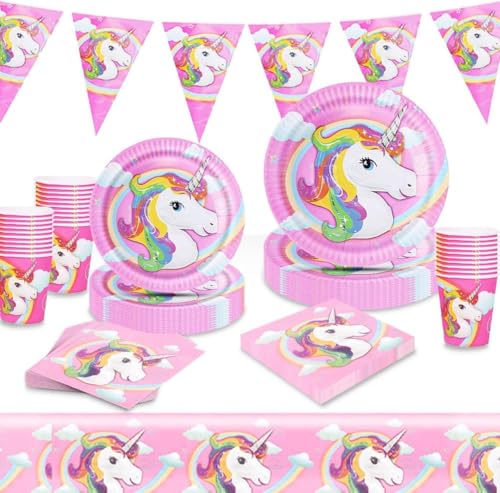 Amycute Einhorn Geburtstagsdeko, 102 Teilig Einhorn Geburtstag Partygechirr Set, Einhorn Kindergeburtstag Deko, für Geburtstag, Mädchen, Weihnachten von Amycute