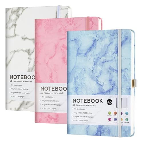 Amythe 3Pcs Notizbuch A5 Liniert, Softcover Tagebuch 96 Blatt / 192 Seiten Zum Schreiben, 80 G/m² College-liniertes Papier für Büro/Schule, 14.3x21cm, 14.3x21cm, Weiß+Blau+Rosa von Amythe