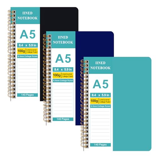Amythe 3Pcs Spulen Notizbuch A5 Liniert, Tagebuch 70 Blatt / 140 Seiten Zum Schreiben, 100 G/m² College-liniertes Papier, Blau+Grün+Schwarz von Amythe
