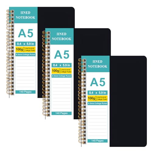 Amythe 3Pcs Spulen Notizbuch A5 Liniert, Tagebuch 70 Blatt / 140 Seiten Zum Schreiben, 100 G/m² College-liniertes Papier, Schwarz von Amythe