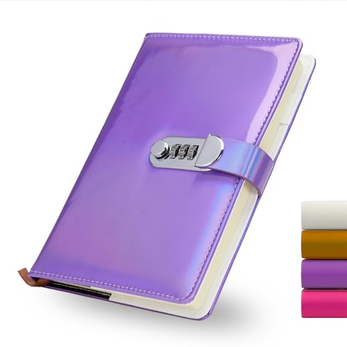 Amythe Notizbuch A5 Liniert, Notizblock Tagebuch mit Zahlenschloss 120 Blat/240 Seiten, Einband aus PU-Leder Hardcover, Vielseitiges Schreibheft für Schule, Beruf, Alltag, Lila von Amythe