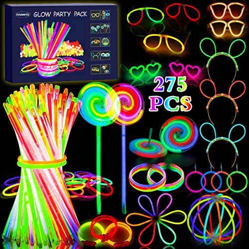 Amzeeniu 275 Stück Knicklichter Party Set Glow Sticks Leuchtstäbe Neon Party Leuchtarmbänder Knicklichter Hochzeit Leuchtspielzeug für Party deko,Festival schwarzlicht deko,Neuem Kreisel,Lutscher von Amzeeniu