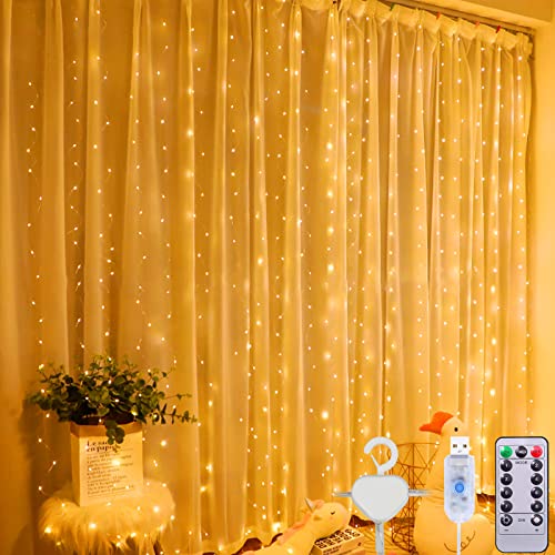 Amzeeniu Lichtervorhang 3m X 3m,300 LEDs USB Lichterkettenvorhang 8 Modi mit Fernbedienung,10 Haken,LED Lichterketten,Timer IP44,String Light für Weihnachten Party, Innenbeleuchtung(Warm White) von Amzeeniu