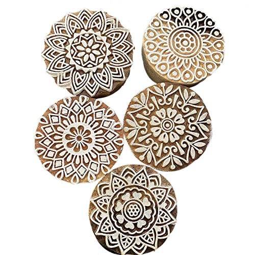 AnNafi® Traditionelle Mehendi-Muster Mandala und runde Holzblockstempel (5 Stück) | runder Holzdruck Block Stempel - DIY Henna-Stoff Textil Papier Ton Töpferblock Druckstempel von AnNafi