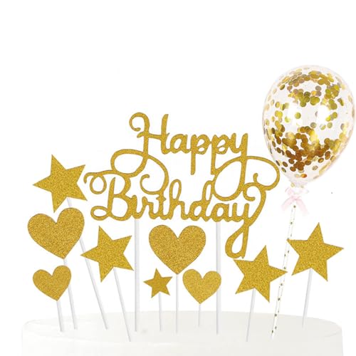 Goldenes Happy Birthday Tortendeko, 20 Pcs Cake Topper Geburtstag, Tortendeko Geburtstag Enthalten Sternen, Herzen, Konfetti-Ballons und Mehr von AnaTI