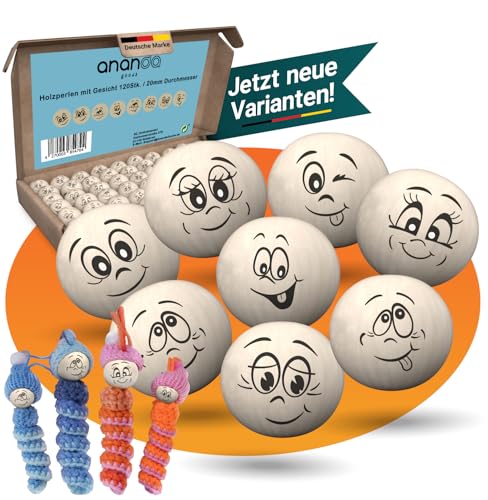 Ananda Goods Holzperlen mit Gesicht 20mm – Holzkugeln mit Gesicht zum Auffädeln [8 Gesichter] für Sorgenwürmchen, Glückswürmchen, DIY Schlüsselanhänger & Glücksbringer (120 Stück) von Ananda Goods
