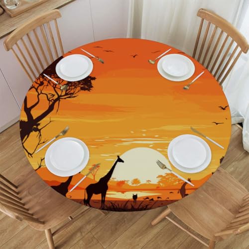 Elastische runde Tischdecke mit Afrika-Giraffe und Sonnenuntergang – wasserdichte, angepasste Tischdecke für 48 x 48 Zoll große Tische, dehnbares Polyestergewebe mit Anti-Rutsch-Design von Anceky