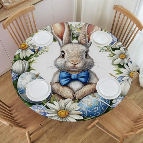 Elastische runde Tischdecke mit Osterhasen- und Blumenmotiv – wasserdichte, angepasste Tischdecke für 48 x 48 Zoll große Tische, dehnbares Polyestergewebe mit Anti-Rutsch-Design von Anceky