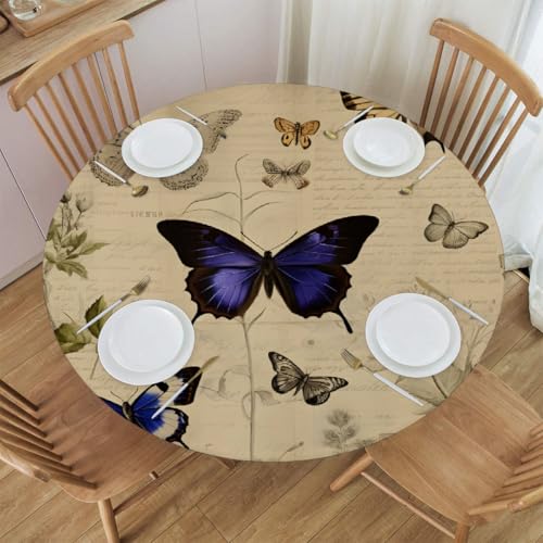 Elastische runde Tischdecke mit Retro-Schmetterling – wasserdichte, angepasste Tischdecke für 48 x 48 Zoll große Tische, dehnbares Polyestergewebe mit Anti-Rutsch-Design von Anceky