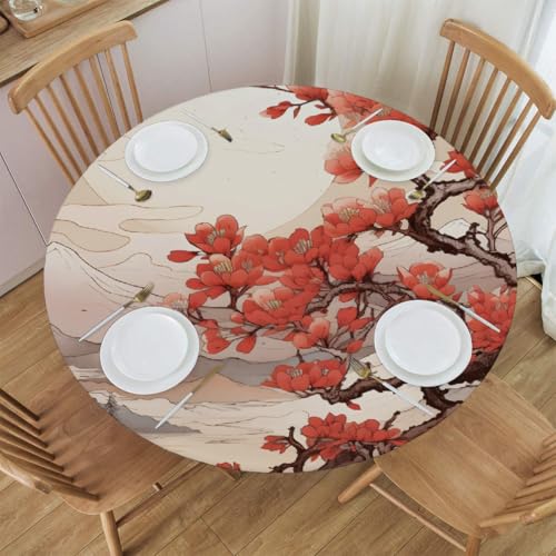 Elastische runde Tischdecke mit japanischem Kirschbaummotiv – wasserdichte, angepasste Tischdecke für 48 x 48 Zoll große Tische, dehnbares Polyestergewebe mit Anti-Rutsch-Design von Anceky