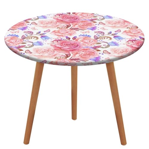 Runde, maßgeschneiderte Tischdecke mit elastischen Kanten, Vintage-Flora-Schmetterlinge, rosa, wasserdicht, fleckenabweisend, abwischbar, Tischdecke aus Oxford-Gewebe schützt die Tischplatte für drinn Runde, maßgeschneiderte Tischdecke mit elastischen Kanten, Vintage-Flora-Schmetterlinge, rosa, wasserdicht, fleckenabweisend, abwischbar, Tischdecke aus Oxford-Gewebe schützt die Tischplatte für drinn von Anceky
