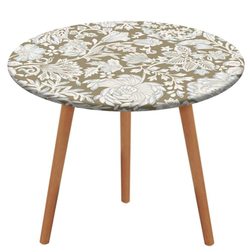 Runde, maßgeschneiderte Tischdecke mit elastischen Kanten, abstraktes geometrisches Blumenmuster, weiß, wasserdicht, fleckenabweisend, abwischbar, Tischdecke aus Oxford-Gewebe schützt die Tischplatte von Anceky