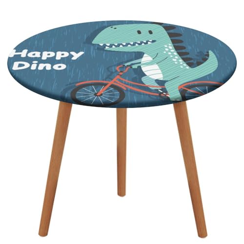 Runde, maßgeschneiderte Tischdecke mit elastischen Kanten, niedlicher Dino auf einem Fahrrad, wasserdicht, schmutzabweisend, abwischbar, Tischdecke aus Oxford-Gewebe schützt die Tischplatte für drinne von Anceky