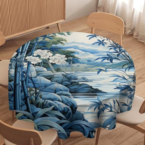 Runde Tischdecke mit blauen und weißen geometrischen Streifen, 127 cm, rund, wasserdicht, fleckenabweisend, knitterfrei, Tischdekoration für Restaurant, Esstisch, Buffet, Camping, Hochzeitsfeier von Anceky