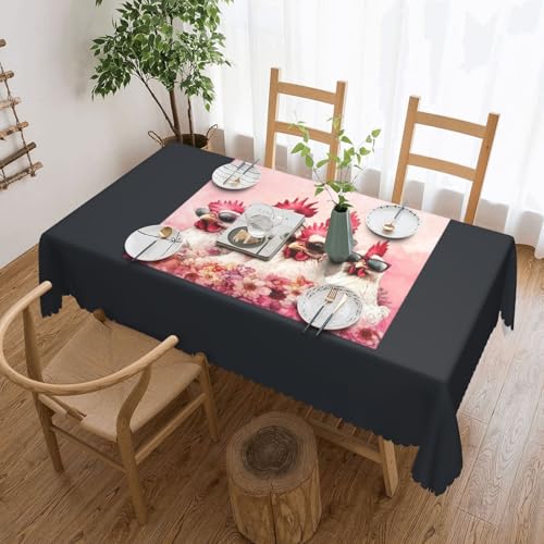 Tischdecke mit rosa Hahn, Huhn und Blumen, für Esszimmer, Küche, Geburtstagsparty, Dekoration für Esstisch, Buffet, Partys, Terrasse, Camping, 137,2 x 183,9 cm von Anceky