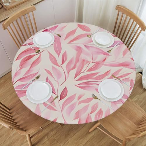 wasserdichte, runde Tischdecke mit rosa Blättermuster – dehnbar, elastisch, passend für 121,9 x 121,9 cm große Tische, Dicker Polyesterstoff für den Innen- und Außenbereich von Anceky