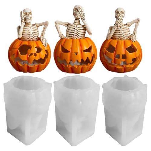 3 Stück Kürbise Skelett Silikonform, Halloween Silikonform Kerzenform, Skelettkürbiskerzenform 3D Silikonformen Gießformen Halloween Für Kerzen, Heimdekoration, Handwerk Desktop Dekoration von Ancsttu